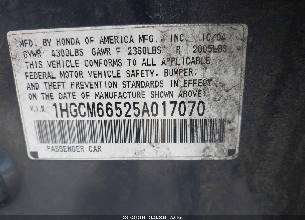 2005 HONDA ACCORD 3.0 EX VIN: 1HGCM66525A017070