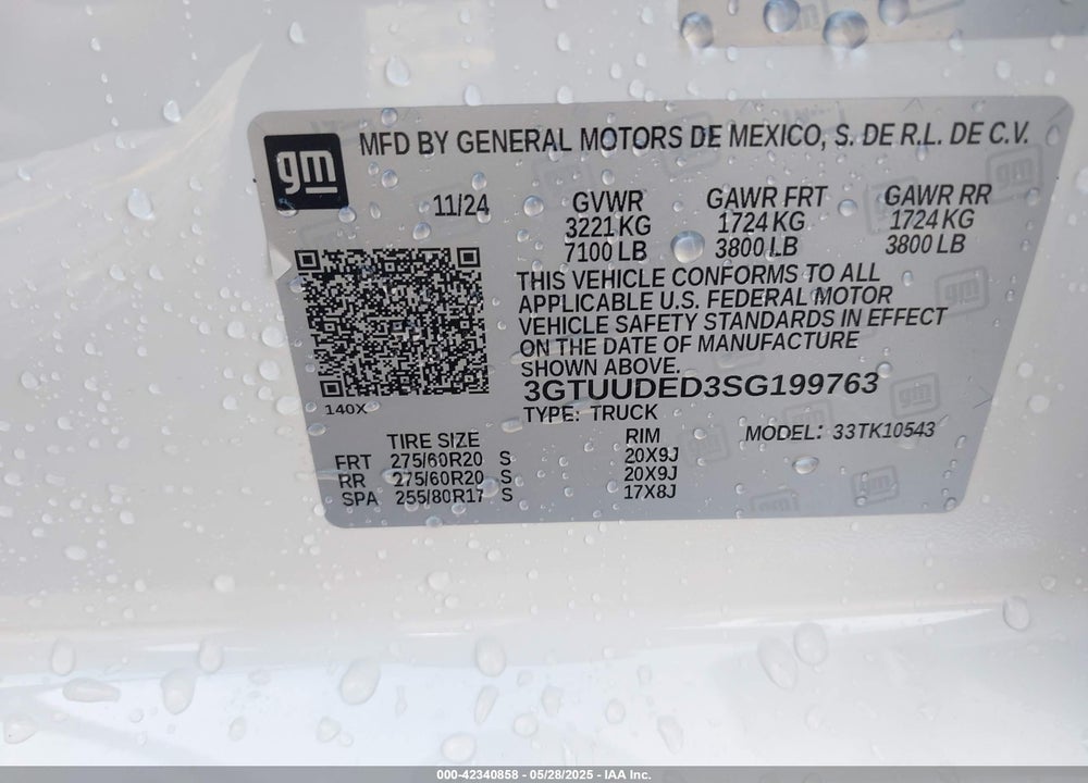 2025 GMC SIERRA 1500 VIN: 3GTUUDED3SG199763