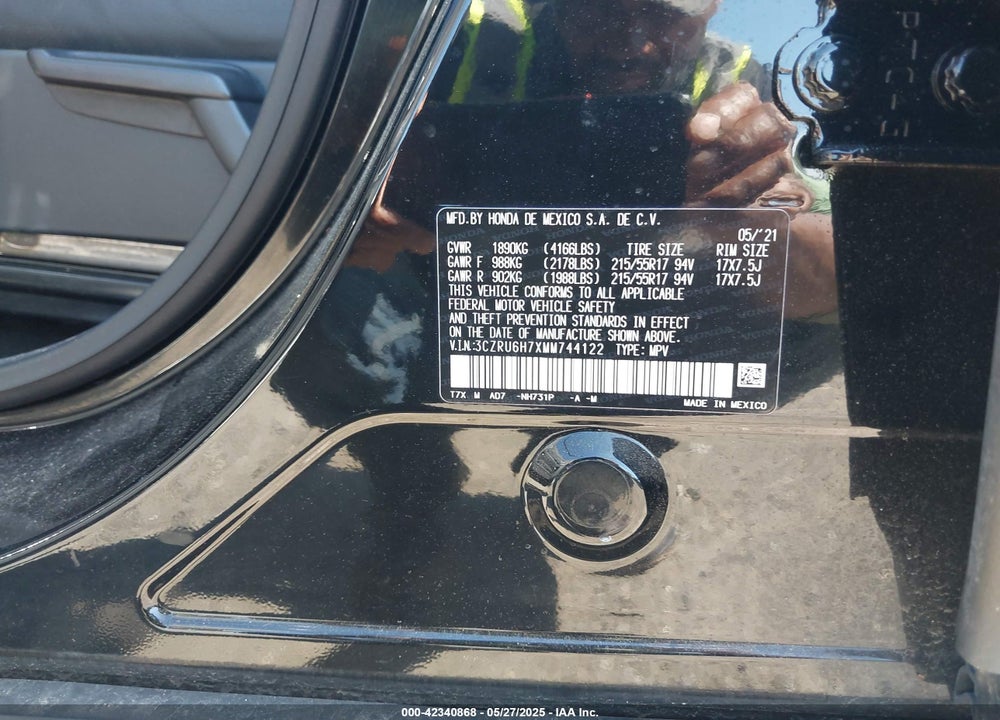 2021 HONDA HR-V AWD EX-L VIN: 3CZRU6H7XMM744122