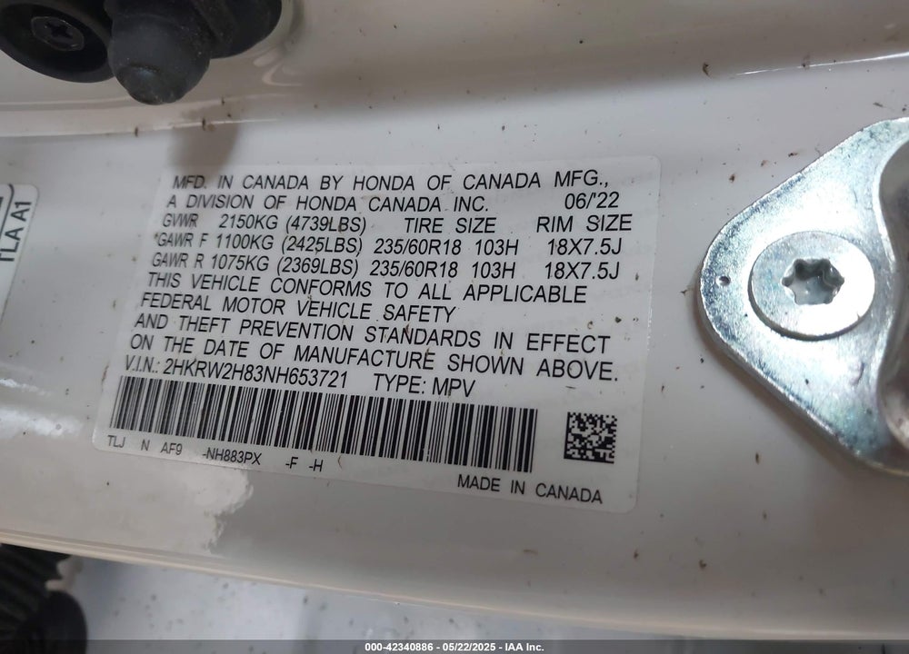 2022 HONDA CR-V VIN: 2HKRW2H83NH653721