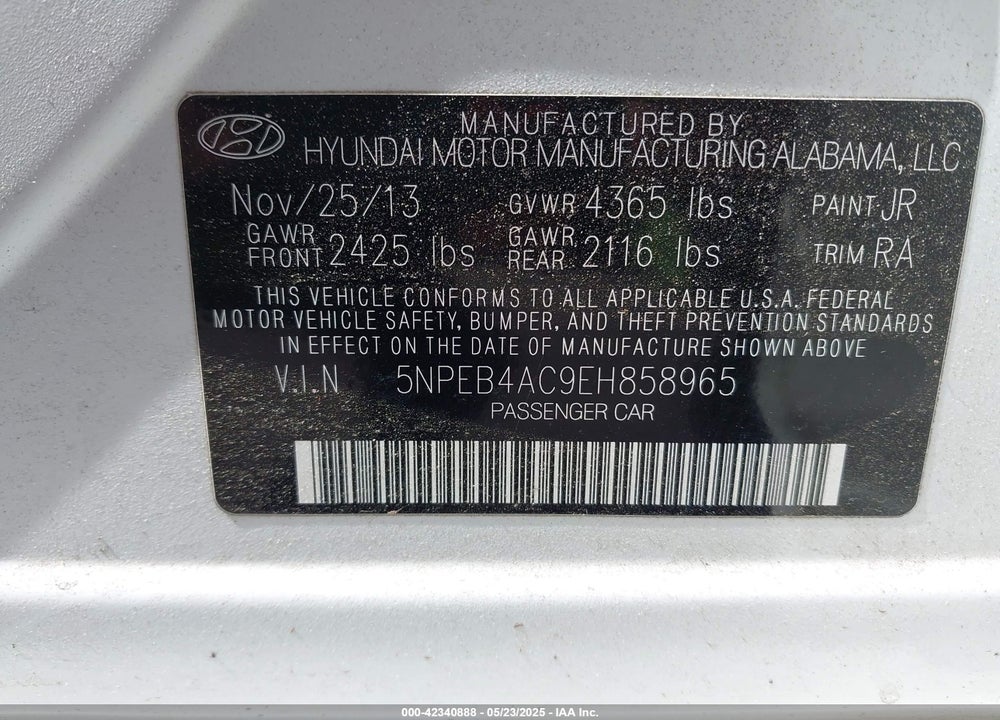 2014 HYUNDAI SONATA VIN: 5NPEB4AC9EH858965