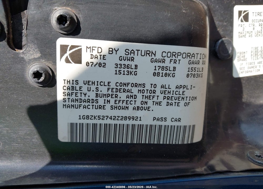 2002 SATURN S-SERIES SL2 VIN: 1G8ZK52742Z289921
