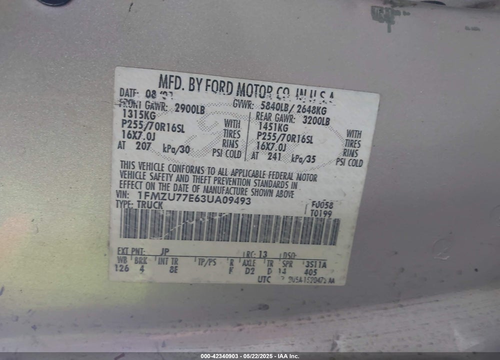 2003 FORD EXPLORER SPORT TRAC XLS/XLT VIN: 1FMZU77E63UA09493