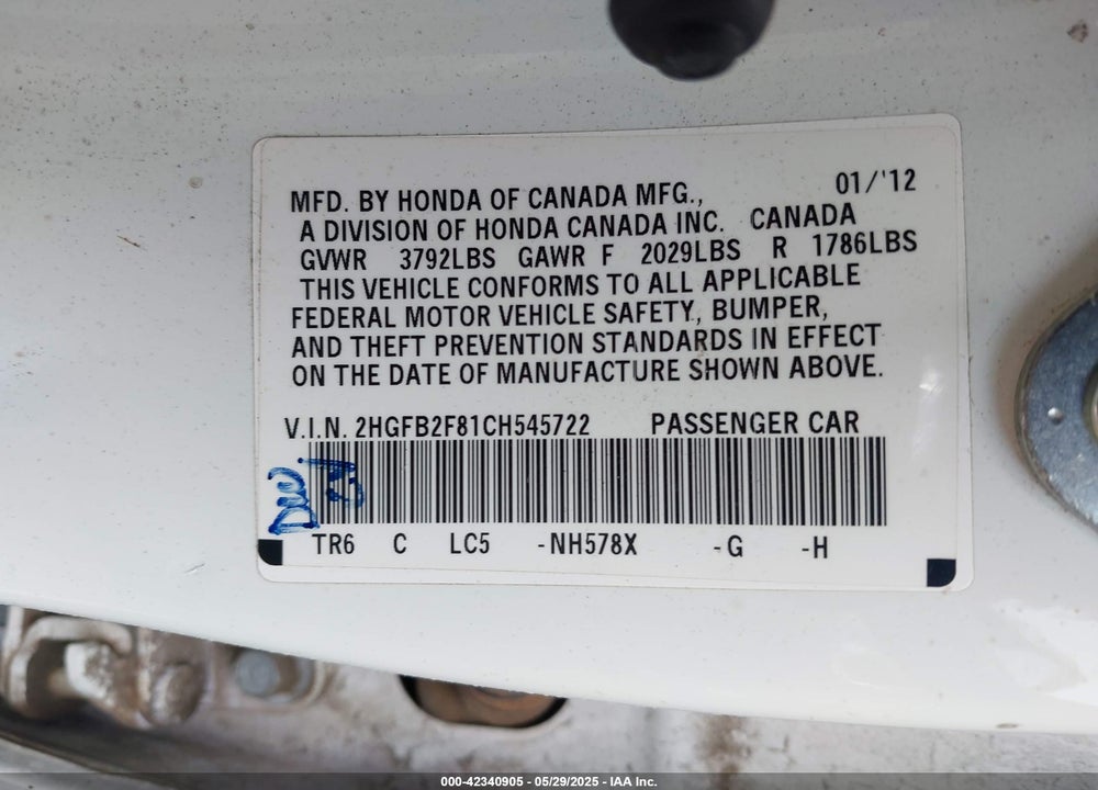 2012 HONDA CIVIC EX VIN: 2HGFB2F81CH545722