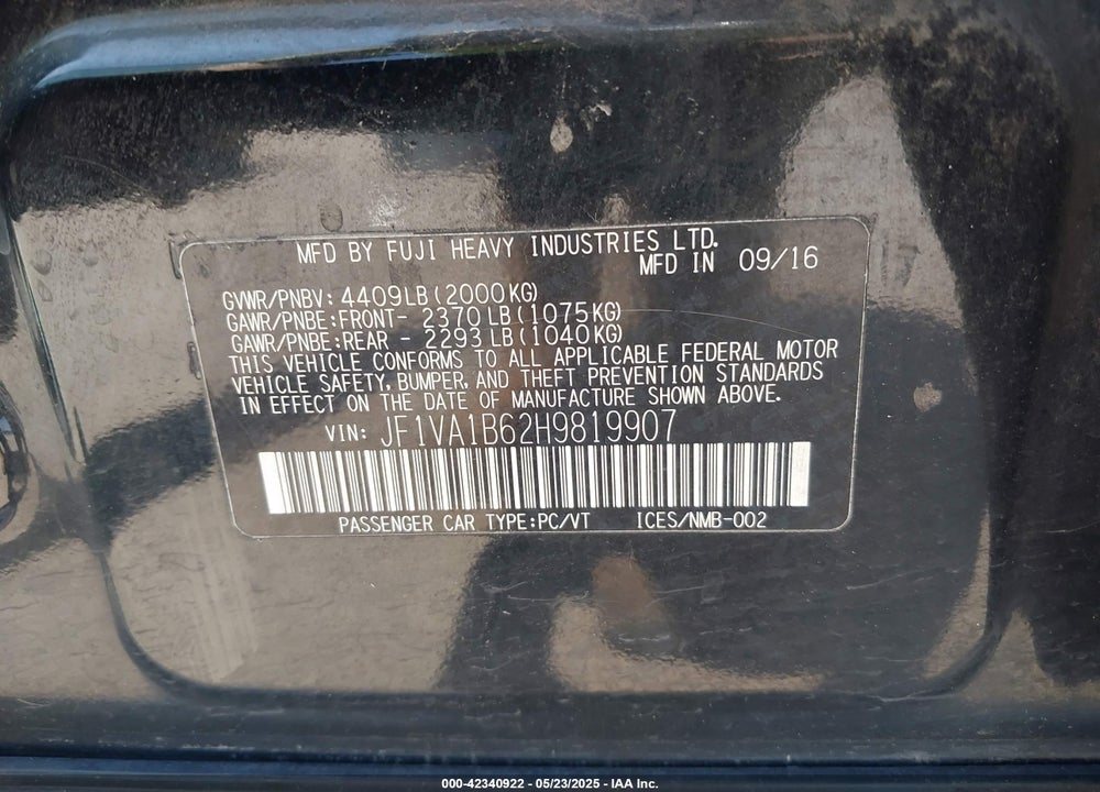 2017 SUBARU WRX VIN: JF1VA1B62H9819907