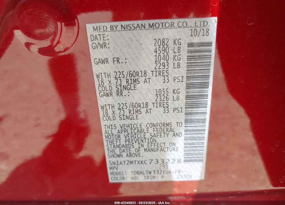 2019 NISSAN ROGUE VIN: 5N1AT2MTXKC733228
