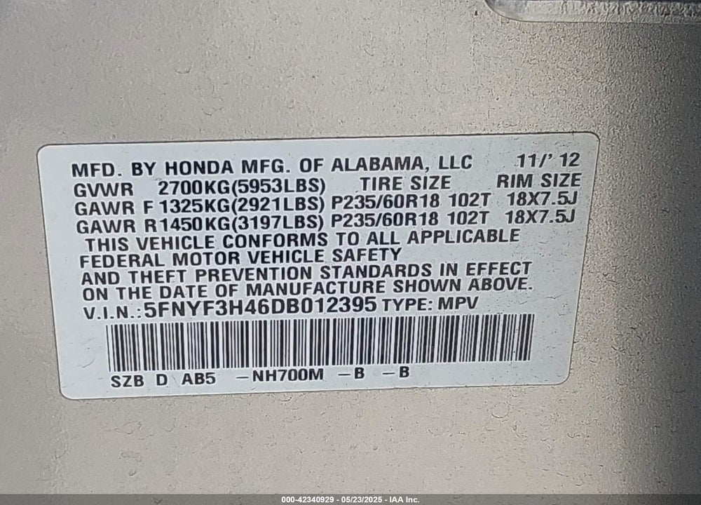 2013 HONDA PILOT VIN: 5FNYF3H46DB012395
