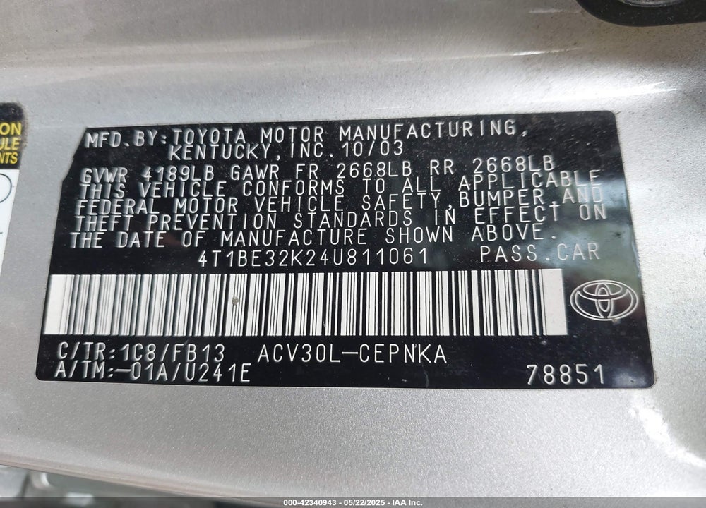 2004 TOYOTA CAMRY LE/SE/STD/XLE VIN: 4T1BE32K24U811061