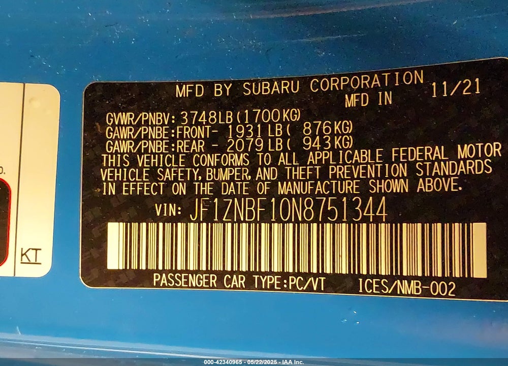 2022 TOYOTA GR86 VIN: JF1ZNBF10N8751344