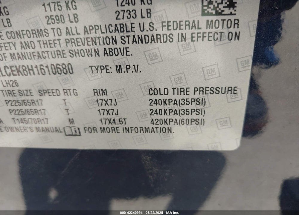 2017 CHEVROLET EQUINOX LT VIN: 2GNALCEK8H1610680