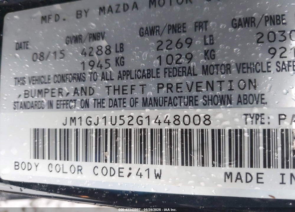 2016 MAZDA 6 I SPORT VIN: JM1GJ1U52G1448008