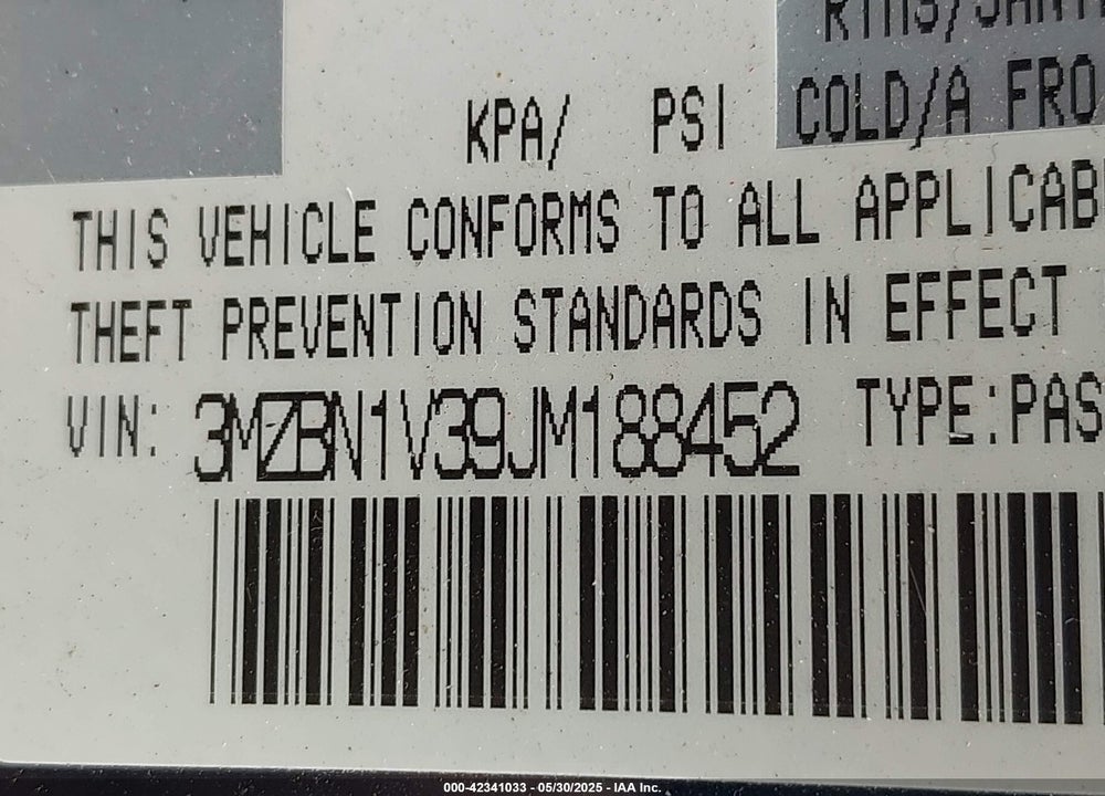 2018 MAZDA 3 VIN: 3MZBN1V39JM188452