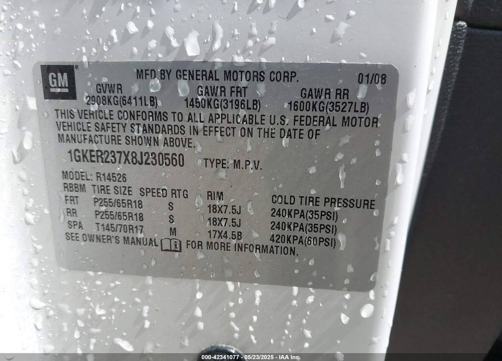 2008 GMC ACADIA SLT-1 VIN: 1GKER237X8J230560