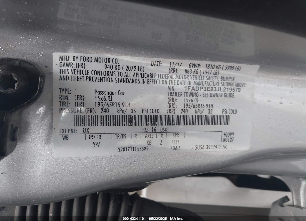 2018 FORD FOCUS S VIN: 1FADP3E23JL219579