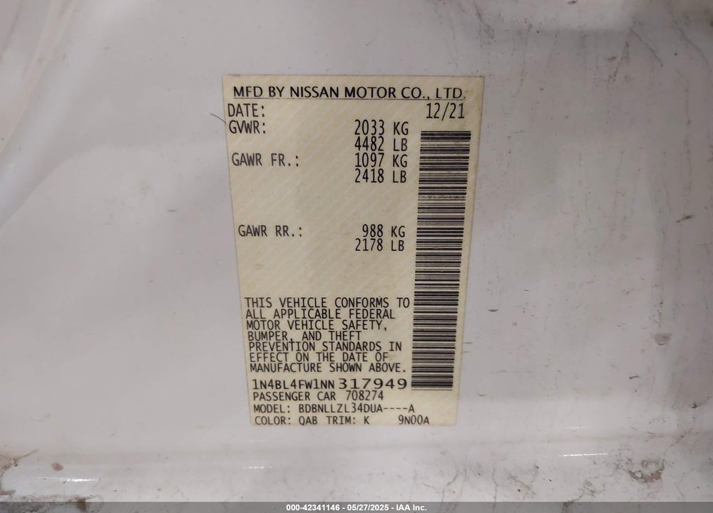 2022 NISSAN ALTIMA VIN: 1N4BL4FW1NN317949