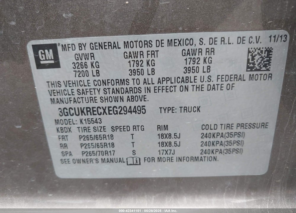 2014 CHEVROLET SILVERADO 1500 VIN: 3GCUKRECXEG294495