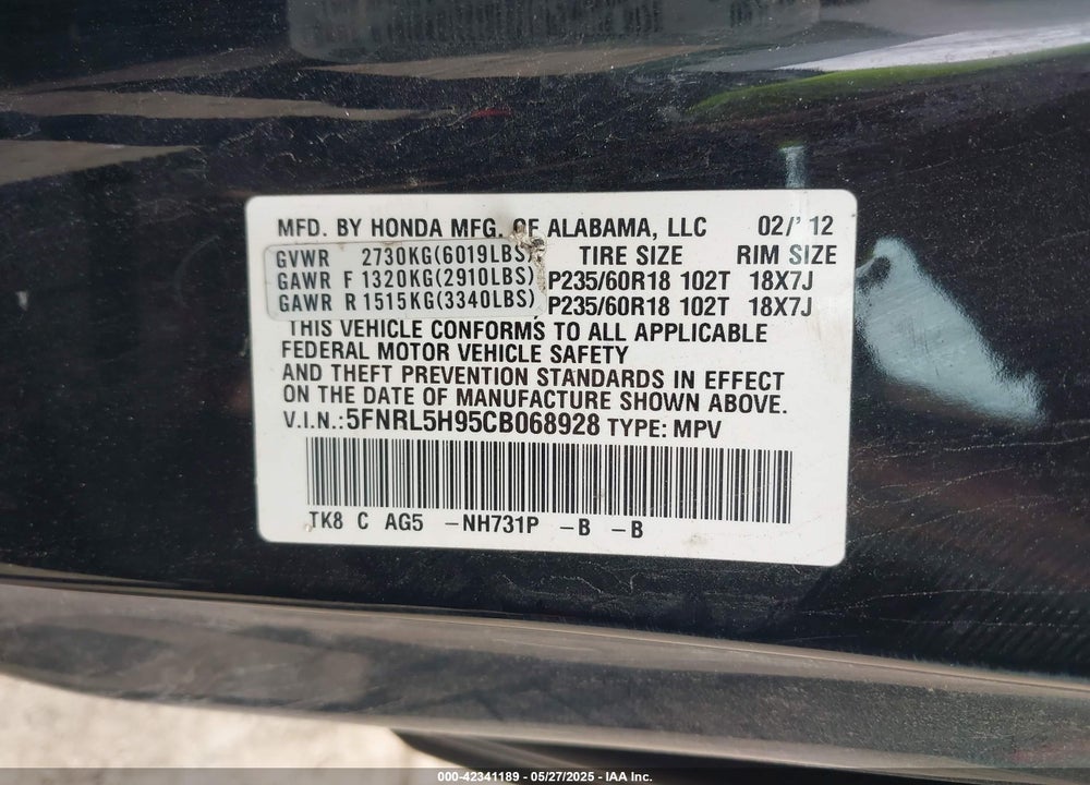 2012 HONDA ODYSSEY TOURING/TOURING ELITE VIN: 5FNRL5H95CB068928