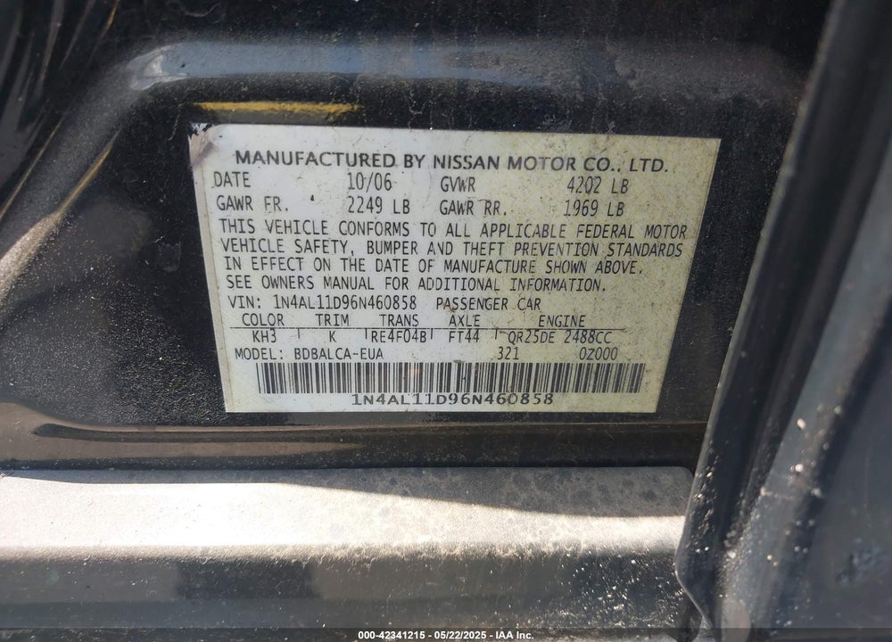 2006 NISSAN ALTIMA VIN: 1N4AL11D96N460858