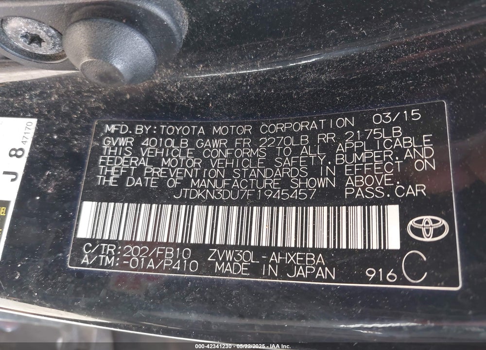 2015 TOYOTA PRIUS VIN: JTDKN3DU7F1945457