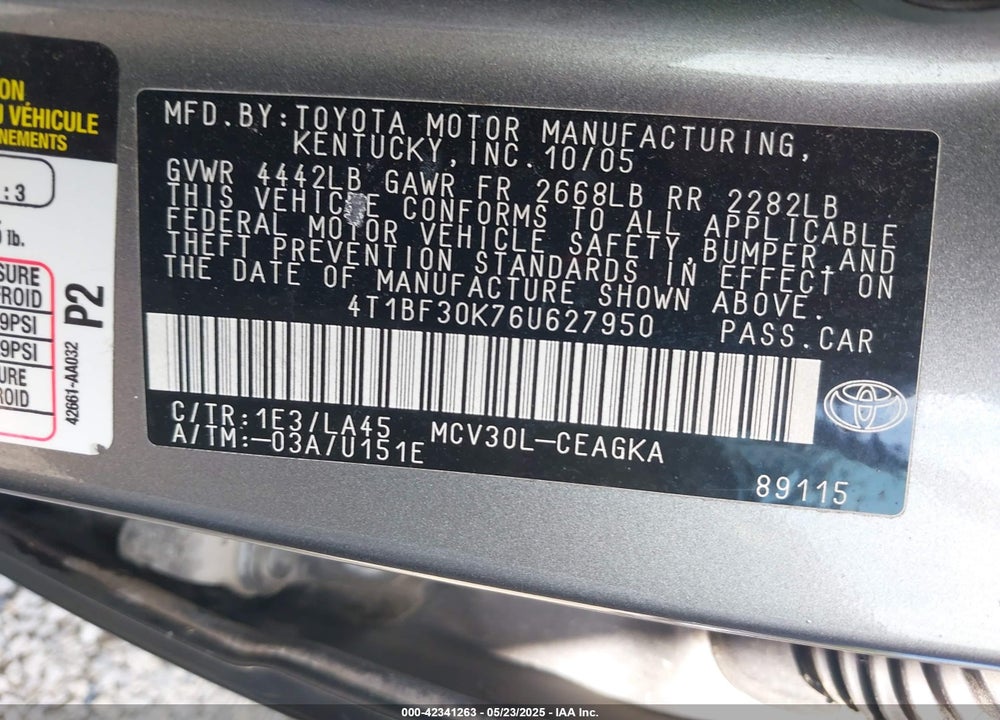 2006 TOYOTA CAMRY VIN: 4T1BF30K76U627950