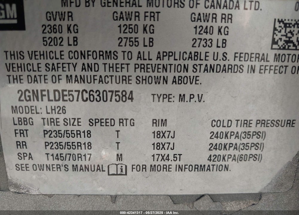 2012 CHEVROLET EQUINOX VIN: 2GNFLDE57C6307584