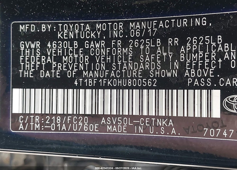 2017 TOYOTA CAMRY VIN: 4T1BF1FK0HU800562