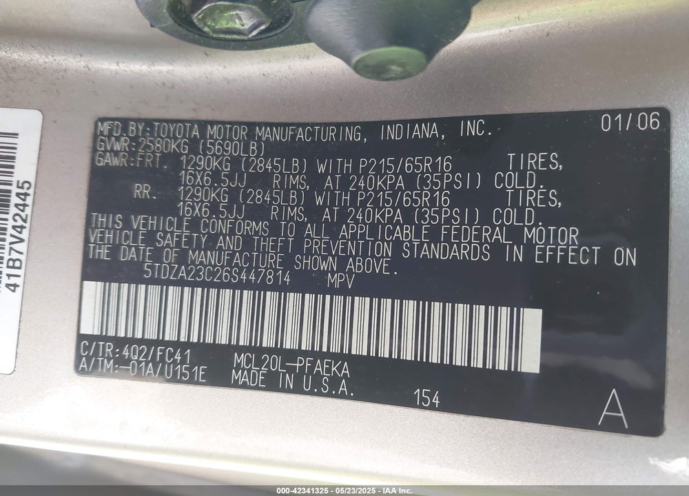 2006 TOYOTA SIENNA CE/LE VIN: 5TDZA23C26S447814