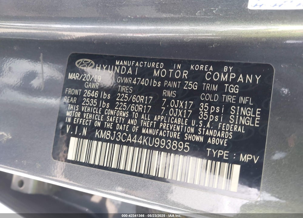2019 HYUNDAI TUCSON VALUE VIN: KM8J3CA44KU993895