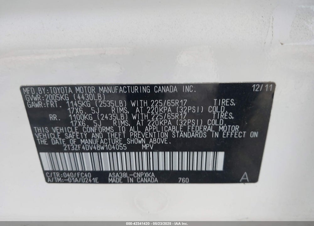 2011 TOYOTA RAV4 VIN: 2T3ZF4DV4BW104055