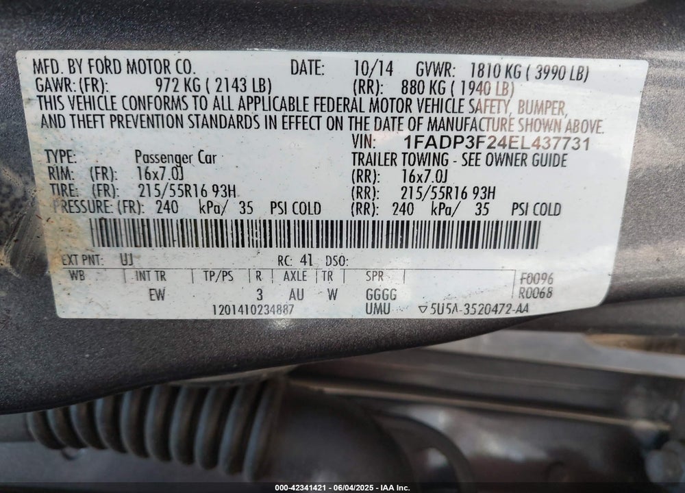 2014 FORD FOCUS VIN: 1FADP3F24EL437731