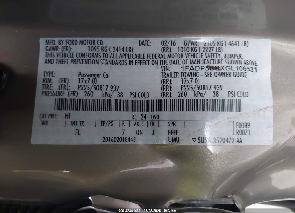 2016 FORD C-MAX VIN: 1FADP5BUXGL106531