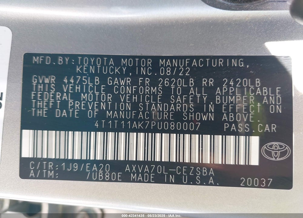 2023 TOYOTA CAMRY VIN: 4T1T11AK7PU080007
