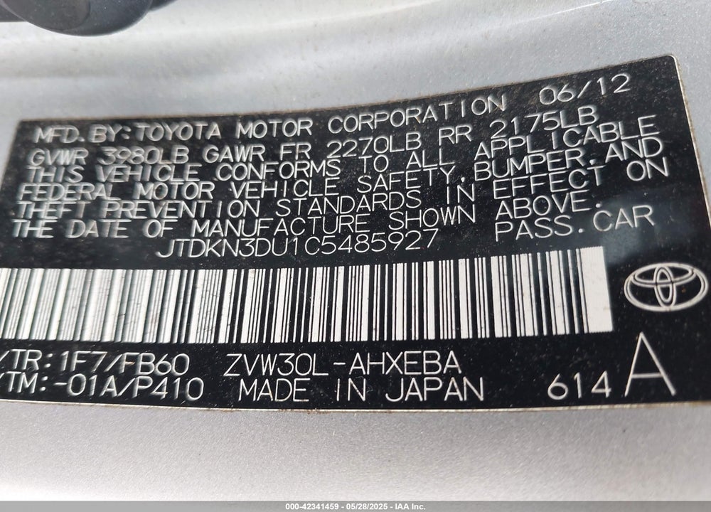 2012 TOYOTA PRIUS VIN: JTDKN3DU1C5485927