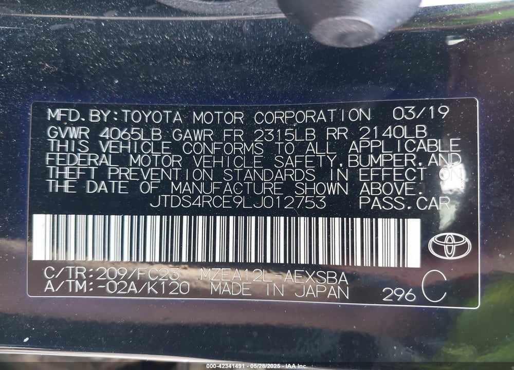 2020 TOYOTA COROLLA VIN: JTDS4RCE9LJ012753