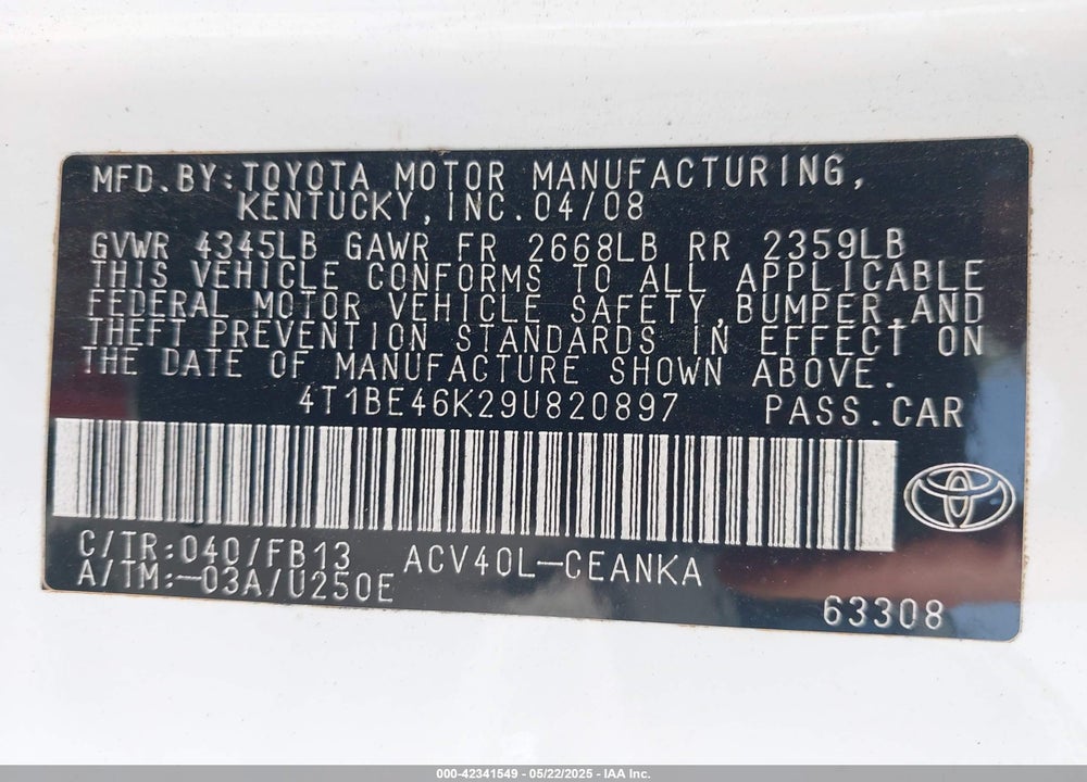 2009 TOYOTA CAMRY VIN: 4T1BE46K29U820897