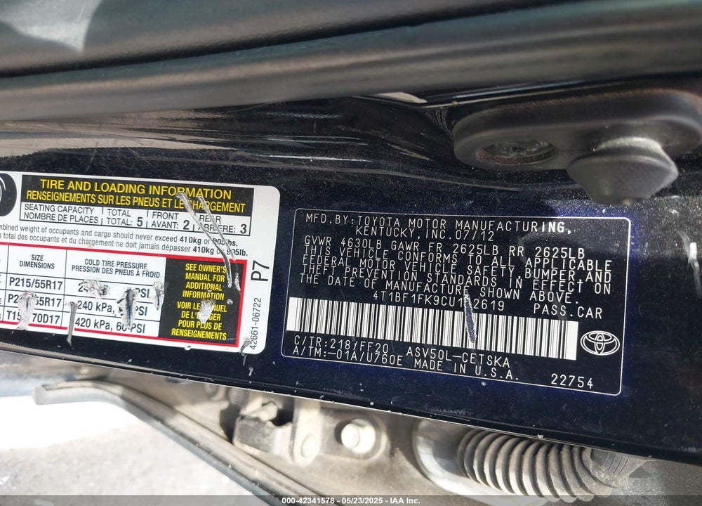 2012 TOYOTA CAMRY SE VIN: 4T1BF1FK9CU142619