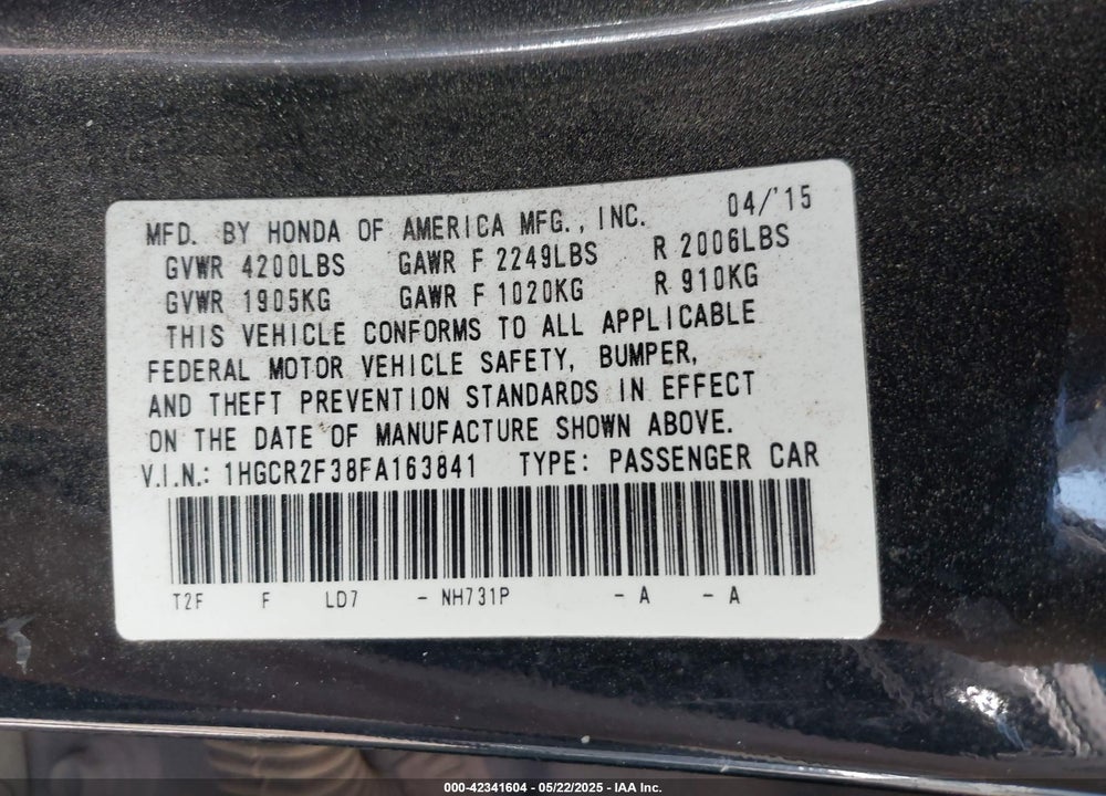 2015 HONDA ACCORD VIN: 1HGCR2F38FA163841