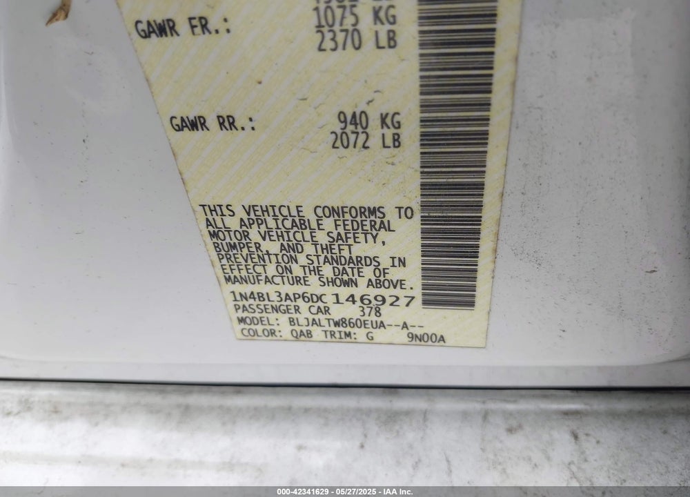 2013 NISSAN ALTIMA VIN: 1N4BL3AP6DC146927