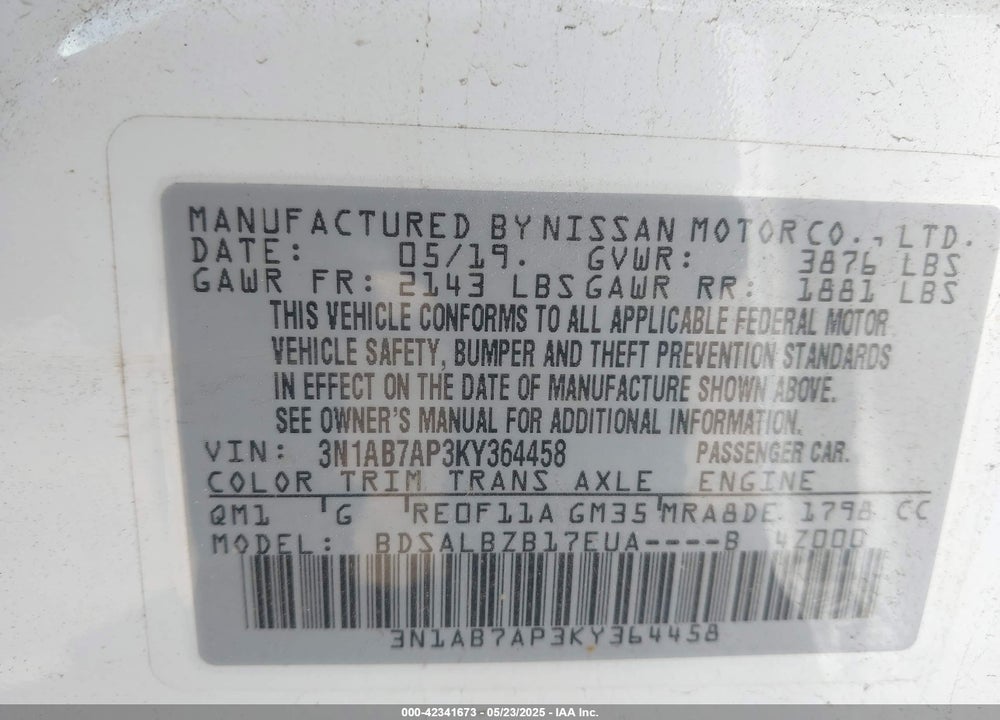 2019 NISSAN SENTRA VIN: 3N1AB7AP3KY364458