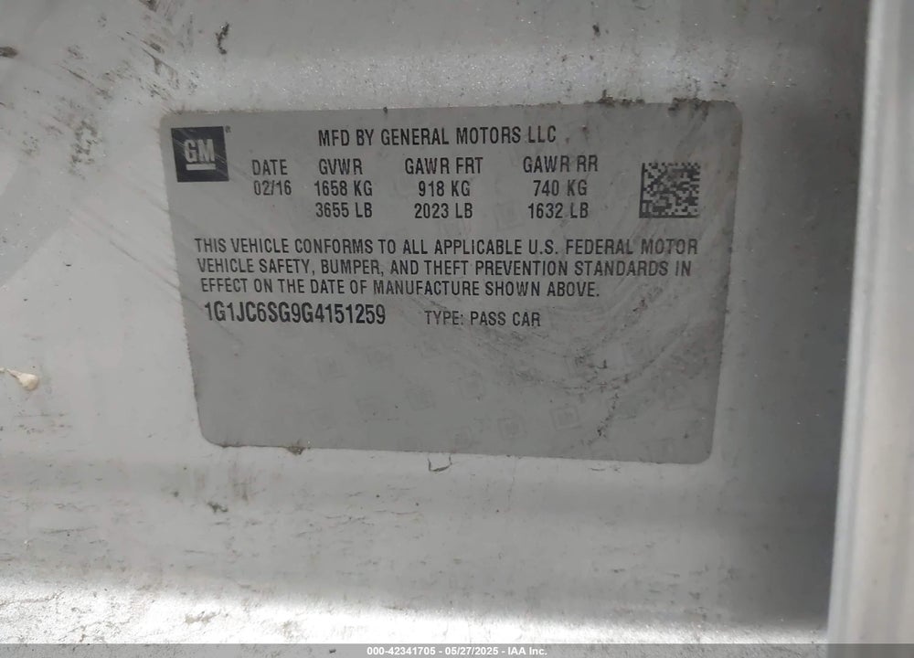 2016 CHEVROLET SONIC LT AUTO VIN: 1G1JC6SG9G4151259