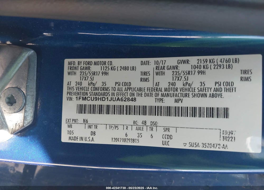2018 FORD ESCAPE VIN: 1FMCU9HD1JUA62848