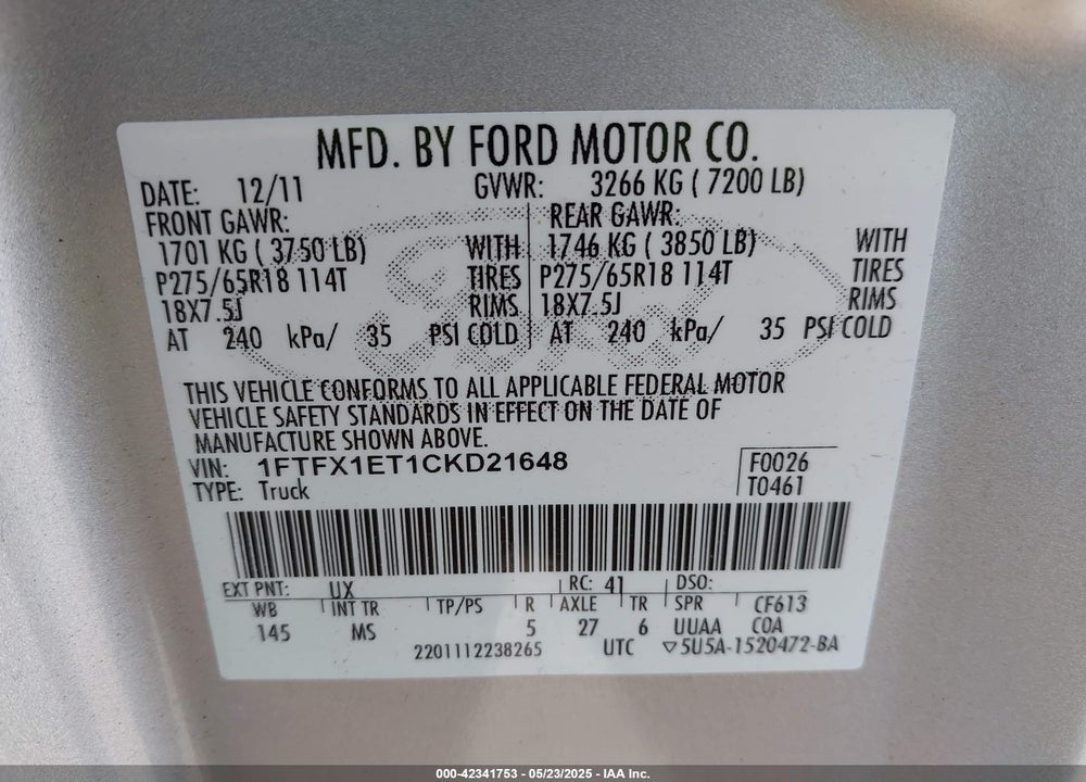 2012 FORD F-150 XLT VIN: 1FTFX1ET1CKD21648