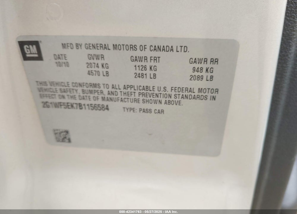 2011 CHEVROLET IMPALA VIN: 2G1WF5EK7B1156584