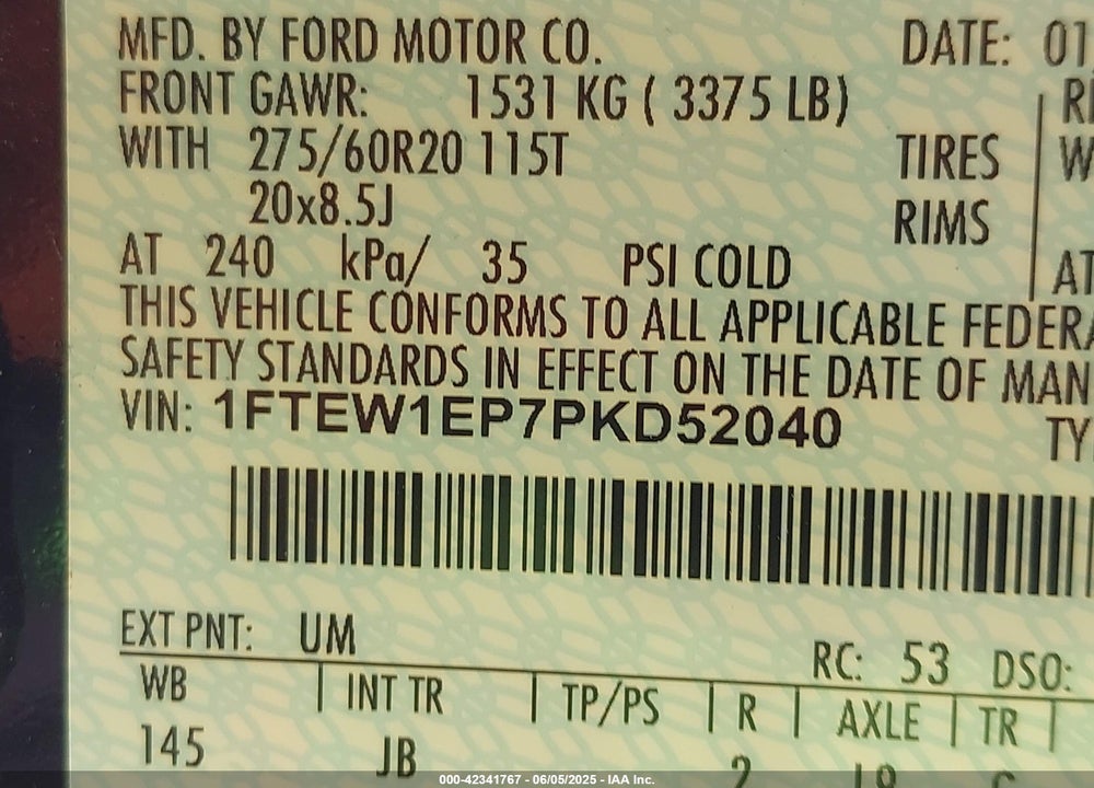 2023 FORD F-150 XL VIN: 1FTEW1EP7PKD52040