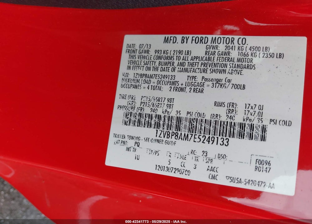 2014 FORD MUSTANG VIN: 1ZVBP8AM7E5249133