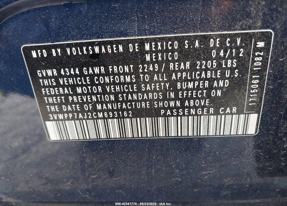 2012 VOLKSWAGEN JETTA SPORTWAGEN 2.5L S VIN: 3VWPP7AJ2CM693162
