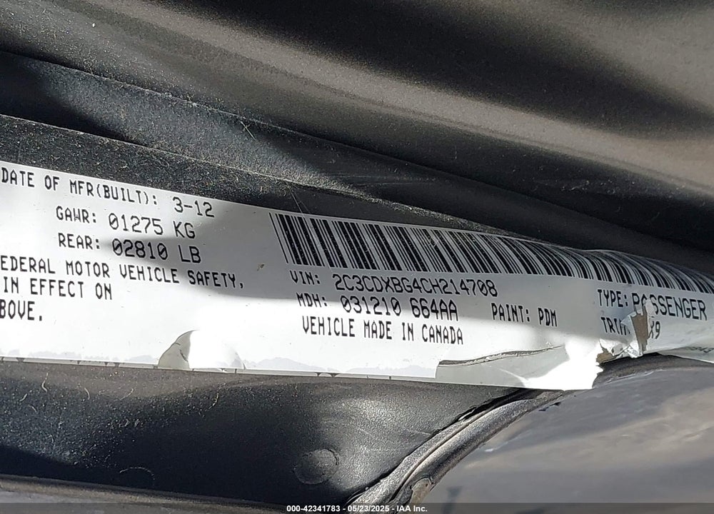 2012 DODGE CHARGER VIN: 2C3CDXBG4CH214708