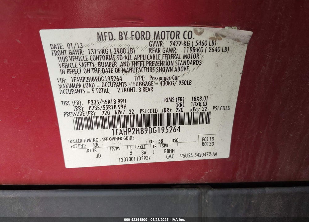 2013 FORD TAURUS VIN: 1FAHP2H89DG195264
