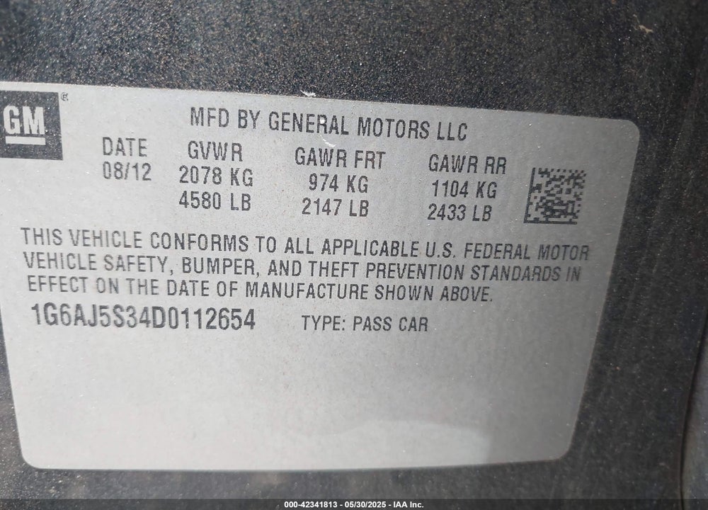 2013 CADILLAC ATS VIN: 1G6AJ5S34D0112654