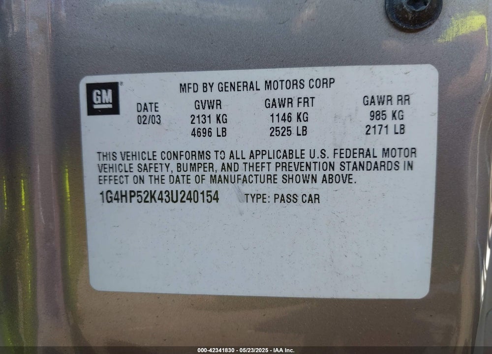 2003 BUICK LESABRE VIN: 1G4HP52K43U240154